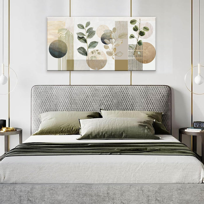 Green Boho Wall Art Minimalist Canvas Wall Art Decor Geometric Line Leaf Beige Green Wall Art Canvas Artwork Print Paintings Abstract Art Botanical Boho Room Office Home Wall Decor 20"X 40"