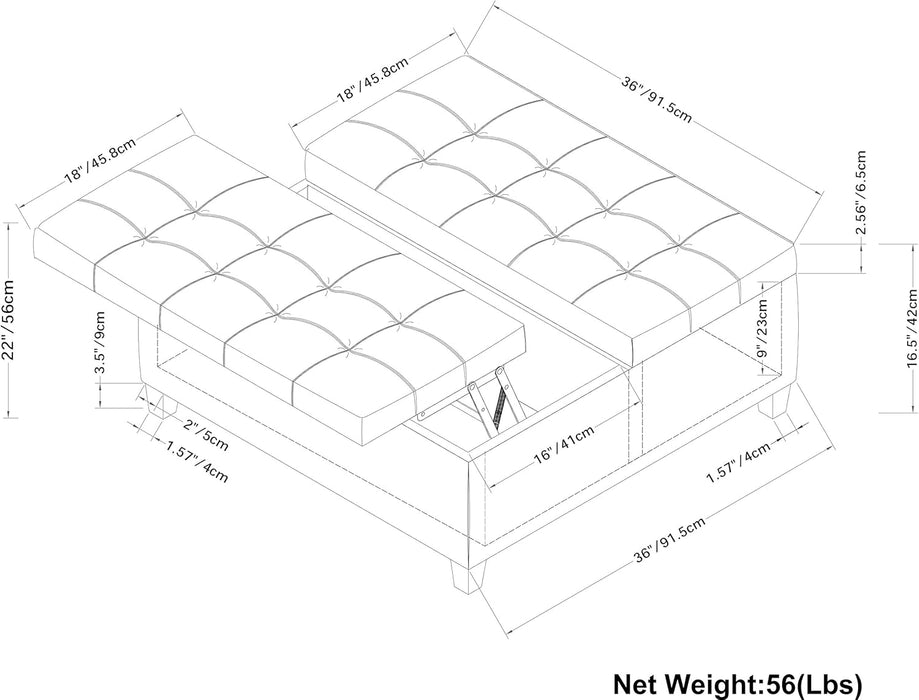 Harrison 36 Inch Wide Transitional Square Coffee Table Storage Ottoman in Distressed Umber Brown Vegan Faux Leather, Assembled, for the Living Room and Bedroom