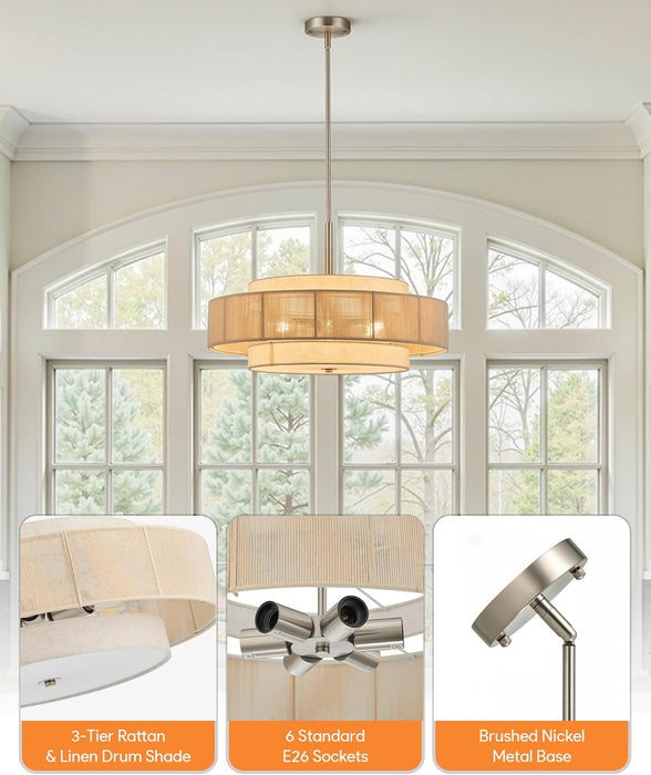 23.6-Inch Rattan Drum Chandelier 6-Light Nickel Finish