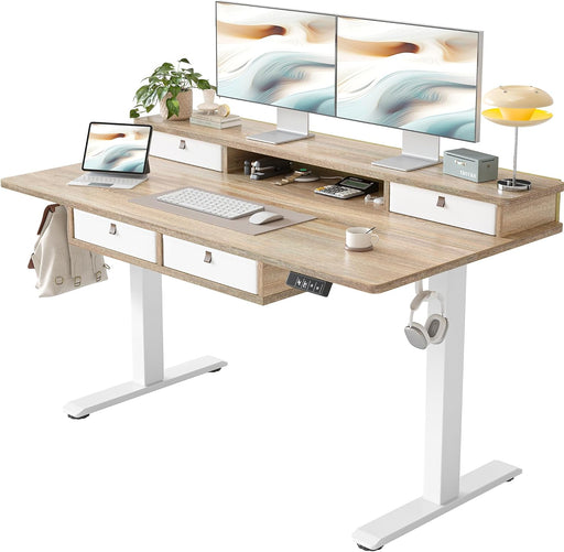 55 * 28 Inch Standing Desk with Four Drawers, Electric Sit Stand Table, Stand up Desk Adjustable Height with Storage Shelf, Splice Board, Maple