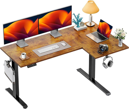 63X40 Inch Dual Motor L Shaped Electric Standing Desk with 3 Preset Heights, Electric Height Adjustable Computer Table, 2 Hooks & Cable Tray, Raising Desk for Home Office, Vintage Brown