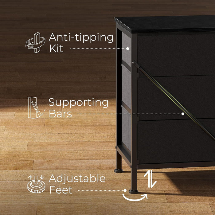 70 Inch Black Dresser for Bedroom, TV Stand for 65, 75, 80 Inch TV, 12 Fabric Drawer Long Dresser, Wide Chest of Drawer, Storage Units for Living Room