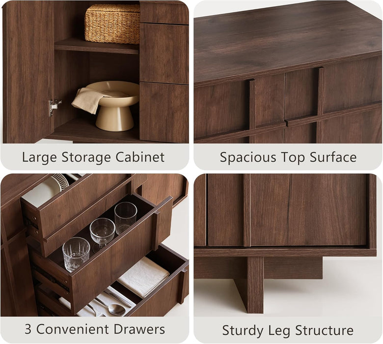47.2" Buffet Cabinet with Storage, Skeleton Line Design, Walnut | Sideboard with Drawers, Mid Century Modern Accent Cabinet with Wood Gain, Console Cabinets for Living Dining Room Entryway