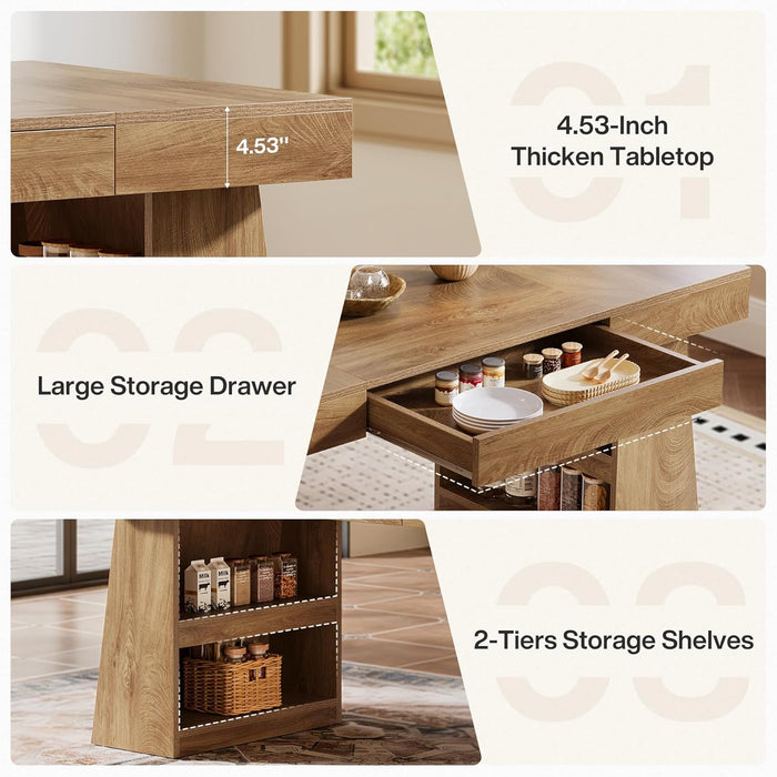 Dining Table for 4-6 People, 55-Inch Wooden Kitchen Table for Dinner with Storage Drawer and Shelves, Farmhouse Rectangle Furniture for Dining Room, Kitchen, Home, Brown