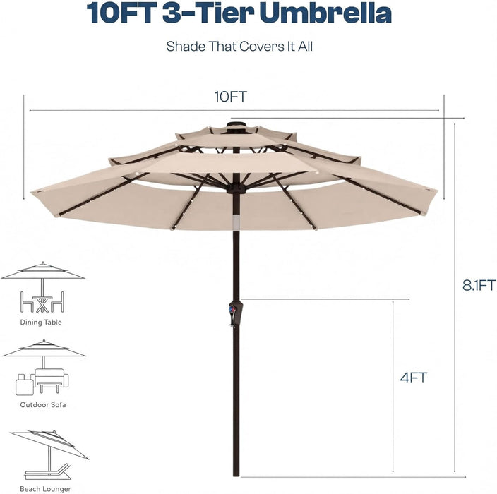 10Ft 3-Tier Patio Umbrella with 32 Solar Powered LED Lights, Windproof Outdoor Market Umbrella for Deck, Poolside & Garden, Sturdy Push-Button Tilt Table Umbrella, Beige