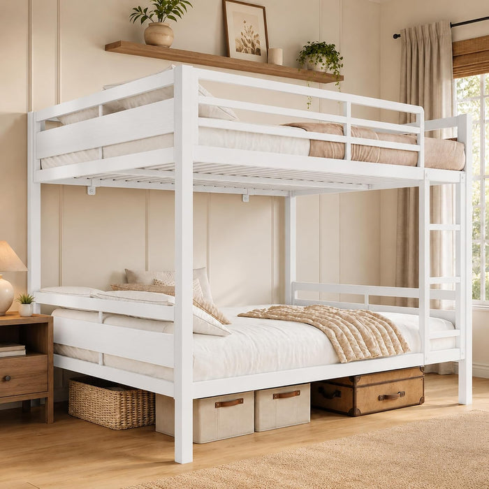 Metal Bunk Bed Full over Full with Ladder and High Guardrail, Heavy-Duty Metal Slats Support, Noise Free, No Box Spring Needed, for Kids and Juniors, White
