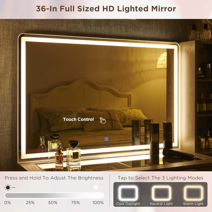 Fluted Makeup Vanity Desk with 36" HD Lighted Mirror, 48" Big Modern Vanity Desk with Mirror and Lights, Dressing Table with 5 Drawers & Shelves, Glass Top for Bedroom (Alder Grey)