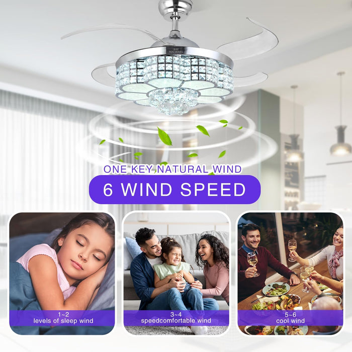 Retractable Ceiling Fan with Light and Remote/App Control, Bluetooth Ceiling Fans with Speaker, RGB-LED Light 6 Speeds Reversible Blades,Chandelier Crystal Ceiling Fan with Lights