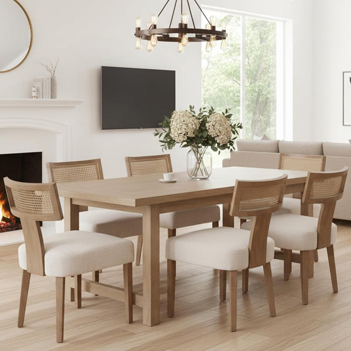 Mid Century Modern Rattan Dining Chairs Set of 4, Farmhouse Linen Upholstered Accent Chair Curved Backrest Kitchen Chairs, with Hardwood Frame, Beige