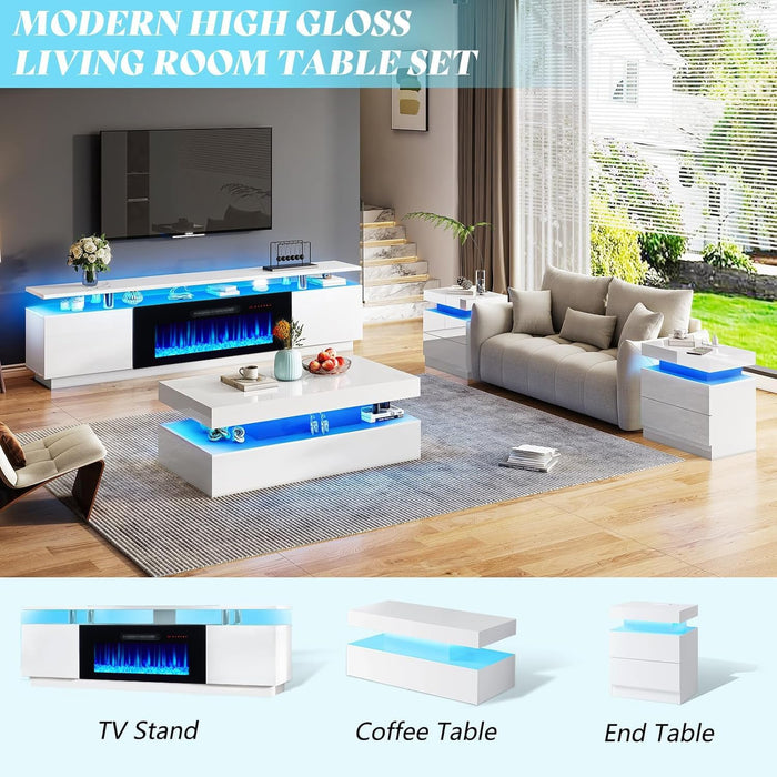 Fireplace TV Stand with 36" Fireplace, 70" Modern Fireplace Entertainment Center LED Lights, 2 Tier TV Console Cabinet for Tvs up to 80", Ivory White