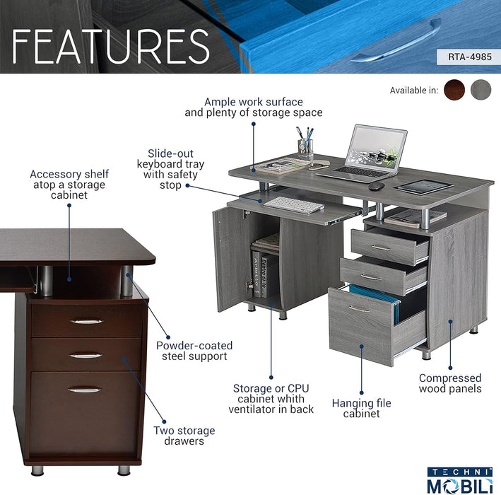 47.5'' Computer Desk with File Cabinet and Drawers, Storage Cabinet with Removable Shelf and Ventilation for CPU, Home Office Desk or Computer Workstation with Keyboard Tray, Grey - ShipItFurniture