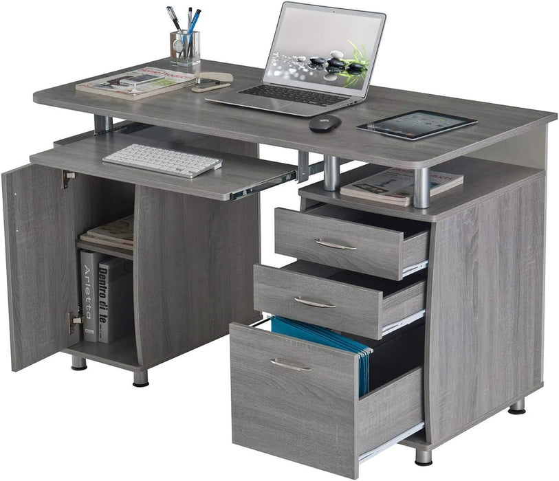 47.5'' Computer Desk with File Cabinet and Drawers, Storage Cabinet with Removable Shelf and Ventilation for CPU, Home Office Desk or Computer Workstation with Keyboard Tray, Grey - ShipItFurniture