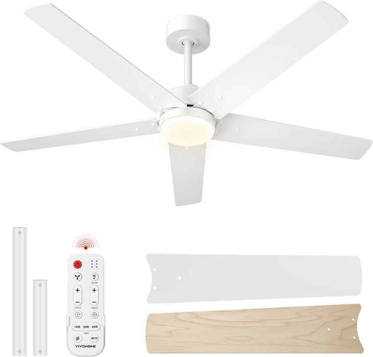 Ceiling Fans with Lights, 52 Inch Low Profile Ceiling Fan with Light and Remote, Flush Mount for Bedroom, Living Room, Garage, 6+1 Speeds, 3CCT, Dimmable, Timer, Quiet Reversible, White