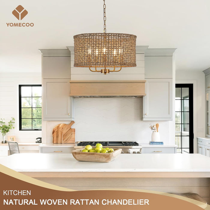 Golden Handwoven Rattan Drum Chandelier Dining Room
