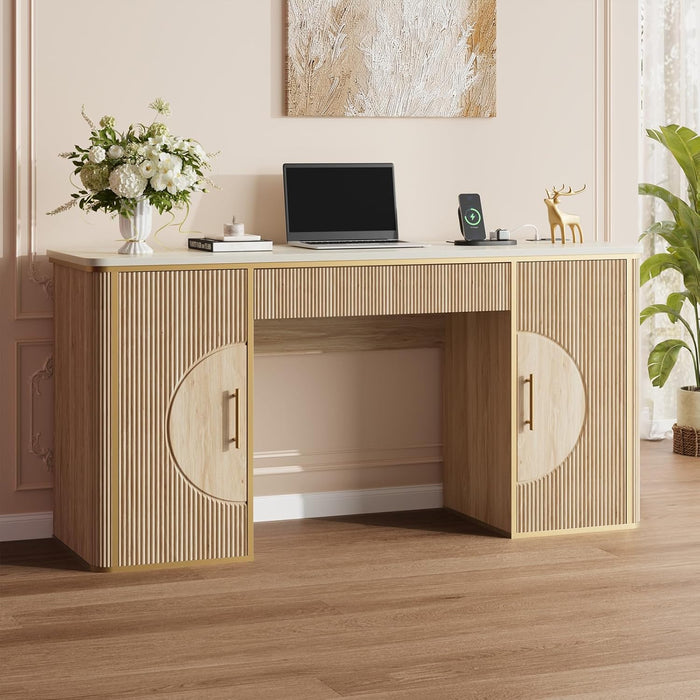 60" Fluted Computer Desk, Wooden Long Home Office Writing Desk with Drawer & Storage Cabinet, Modern Writing Table with Charging Station, High Executive Desk for Office，Bedroom, Nature Oak
