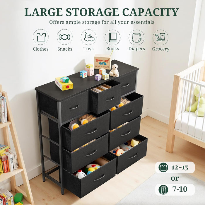 9-Drawer Dresser for Bedroom, Anti-Tip Tall Storage Organizer Chest of Drawers with Wooden Top and Metal Frame Fabric Bins for Closet, Living Room, Hallway, Entryway, Black