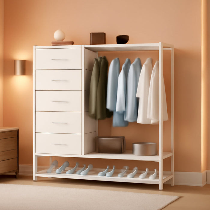 Dresser for Bedroom, Dresser with Hanging Rack Led Lights and Charging Station, White Bedroom Dresser with 5 Fabric Chest of Drawers with PU Finish Storage Organizer, for Living Room Kids Room, White