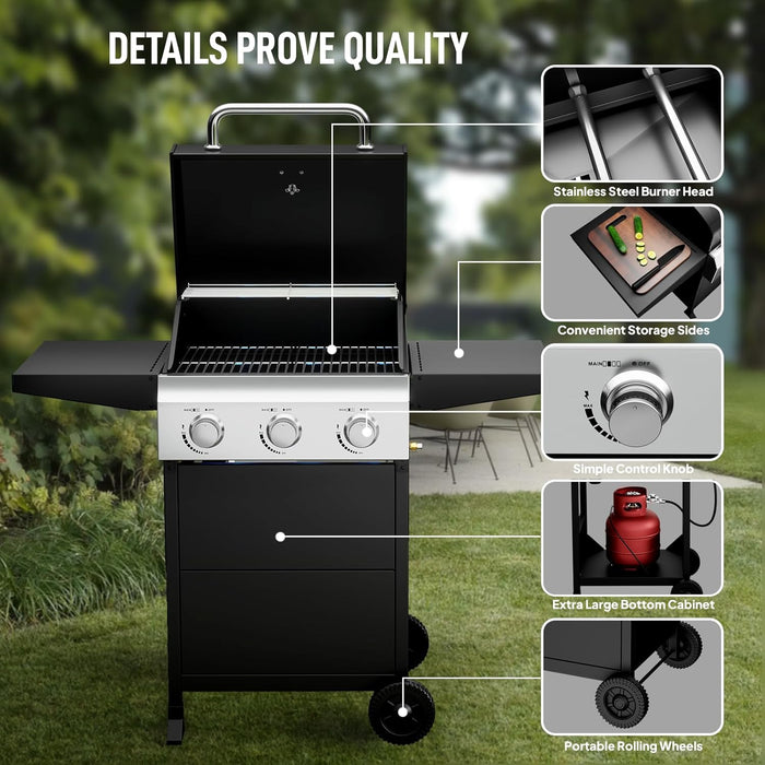 3 Burners Portable Gas Grill with Enameled Cast Iron Grates, Powerful 36,000 BTU Propane Grill with Side Shelf & Bottom Cabinet, Outdoor Grill with Wheels for Patio Backyard Garden BBQ Use