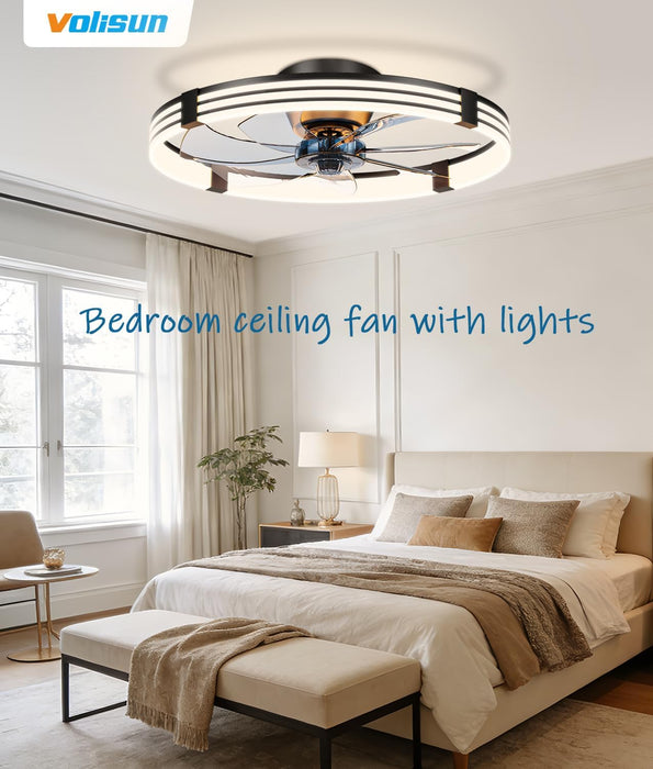 Low Profile Ceiling Fans with Lights and Remote, 24In Flush Mount Ceiling Fan with Light, 3000K-6500K Dimmable Fandelier LED Fan Light, Black Bladeless Ceiling Fans with Lights for Bedroom
