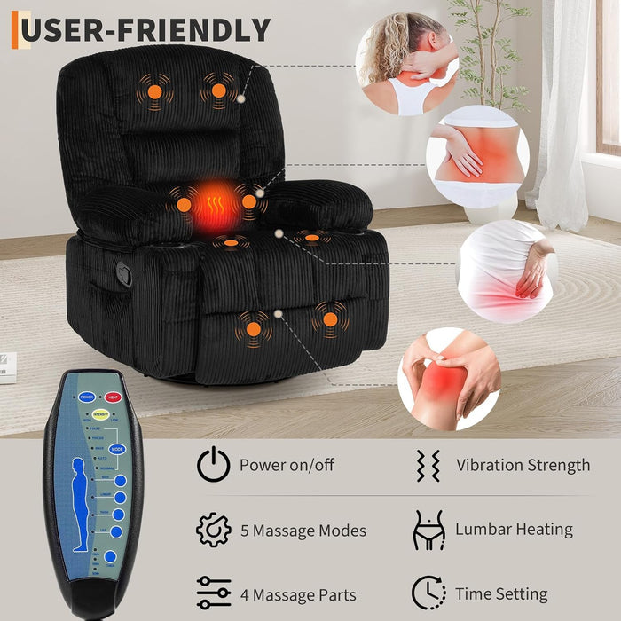 Oversized Recliner Chair,Extra Wide 360° Swivel Rocker Massage Heat
