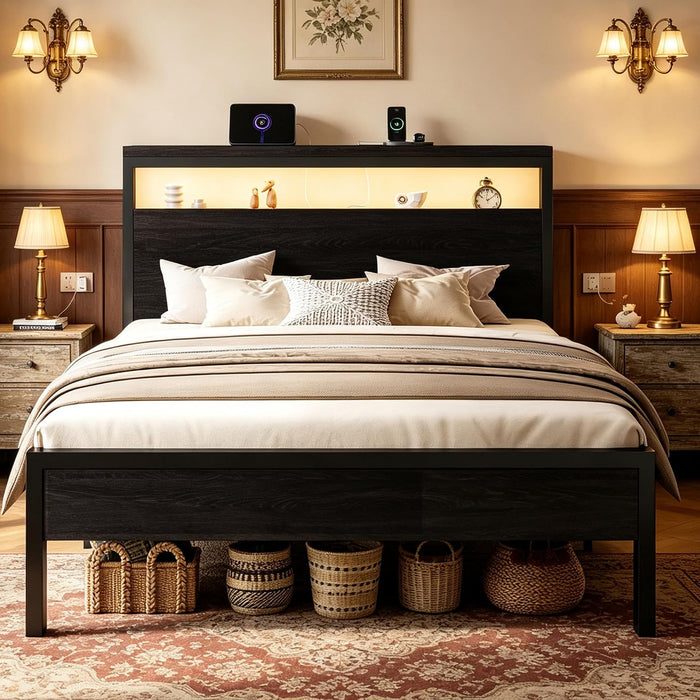 Queen Bed Frame, 2-Tier Storage Headboard, LED, Charging Station
