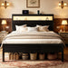 Queen Bed Frame, 2-Tier Storage Headboard, LED, Charging Station