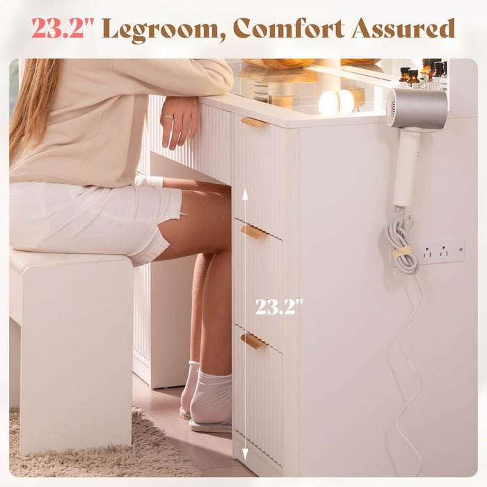 47.2" Fluted Vanity Desk with Large Mirror and Adjustable LED Lights, 7 Drawers Makeup Table with Glass Top and Charging Station for Women and Girls, Bedroom or Dorm, White