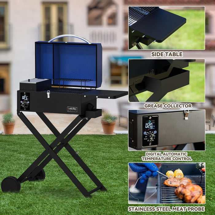 BBQ Wood Pellet Grill Smoker with Foldable Cart, Meat Probe, 2 Tiers Cooking Area, Portable Smoking Grilling Stove for Outdoor Patio Cooking, RV Camping Tailgating, Blue GS342