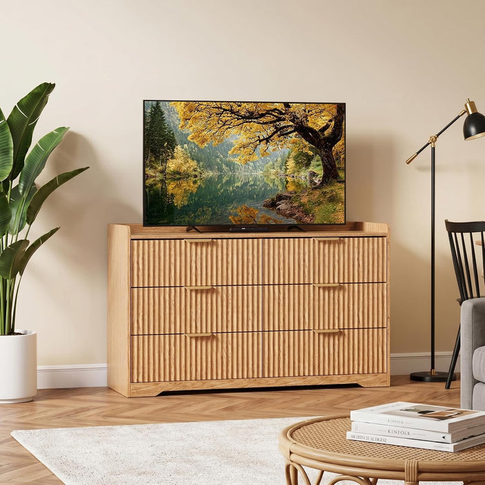 Fluted Modern 6 Drawer Dresser for Bedroom, 47"W X 26"H, Natural Oak