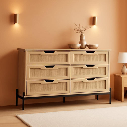 RattanOpenworkBraided Chest Of Six Drawers WalnutFinish