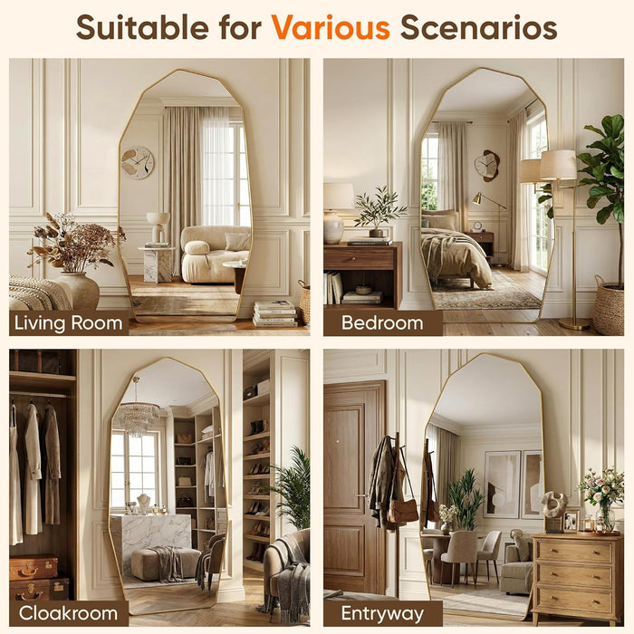 Full Length Mirror, 71"X32" Floor Mirror, Free Standing Wall Mounted or Leaning Full Body Mirror with Aluminum Alloy Frame, Diamond Irregular for Bedroom Entryway Cloakroom, Gold