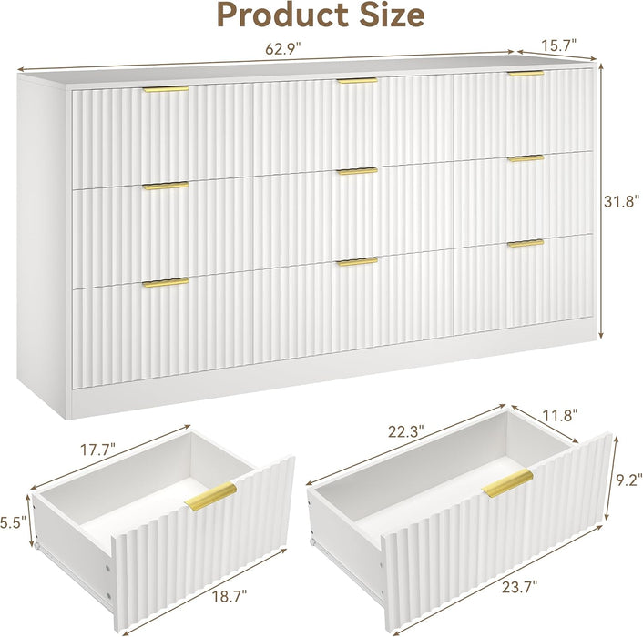 White 9 Drawer Dresser for Bedroom, 63" Wide Modern Fluted Chest of Drawers, Wooden Dresser with Gold Metal Handles, Mid Century Large Dresser TV Stand for Living Room Hallway