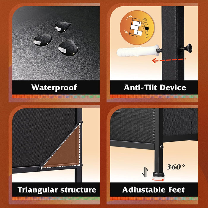 Black Dresser TV Stand for Bedroom with Charging Station and Open Shelves, Fabric Dresser with 8 Drawers and Wood Top, Wide Storage Chest of Drawers for Living Room, Hallway