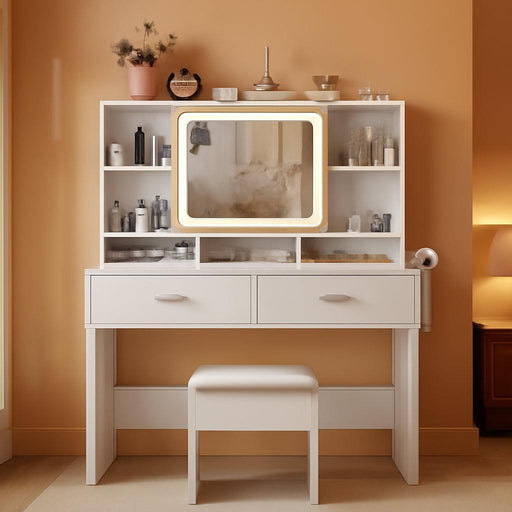Vanity Desk with Sliding Mirror, Makeup Desk and Stool with Lights in 3 Colors, Girls Vanity Table with Charging Station, 2 Drawers & Storage Shelves for Bedroom, White