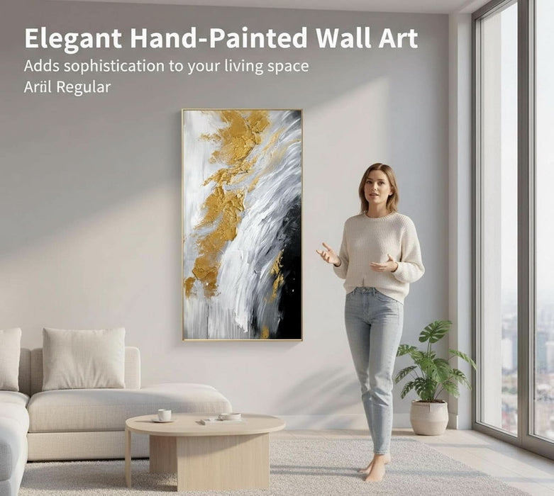 Large Hand-Painted Black and White Abstract Oil Painting on Canvas for Entrance-Hall, Framed Minimalist Wall Art for Living Room, Gold 3D Textured Office Wall Picture for Bedroom Kitchen Home Decoration 28X56Inch