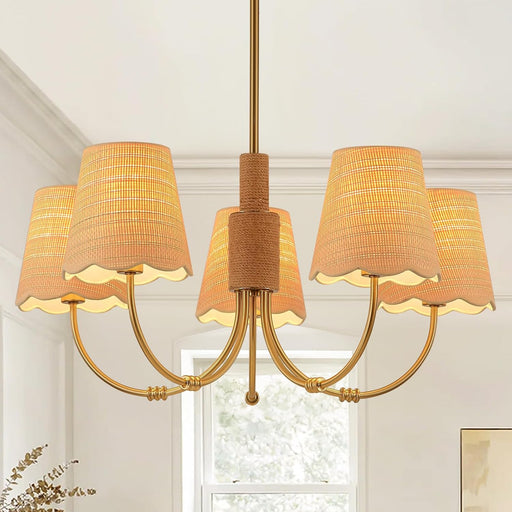 Boho Rattan Chandelier, Antique Brass Farmhouse Chandeliers, 5-Lights Coastal Pendant Light Fixtures for Dining Room Kitchen Island Living Room