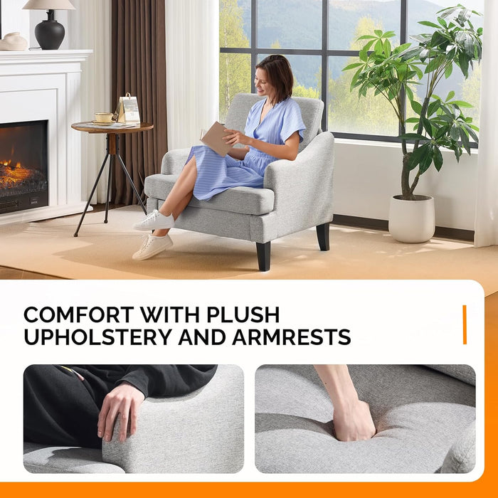 Linen Fabric Accent Chairs Set of 2, Grey Modern Upholstered Armchair, Comfy Sofa Chair Living Room Bedroom Furniture for Apartment