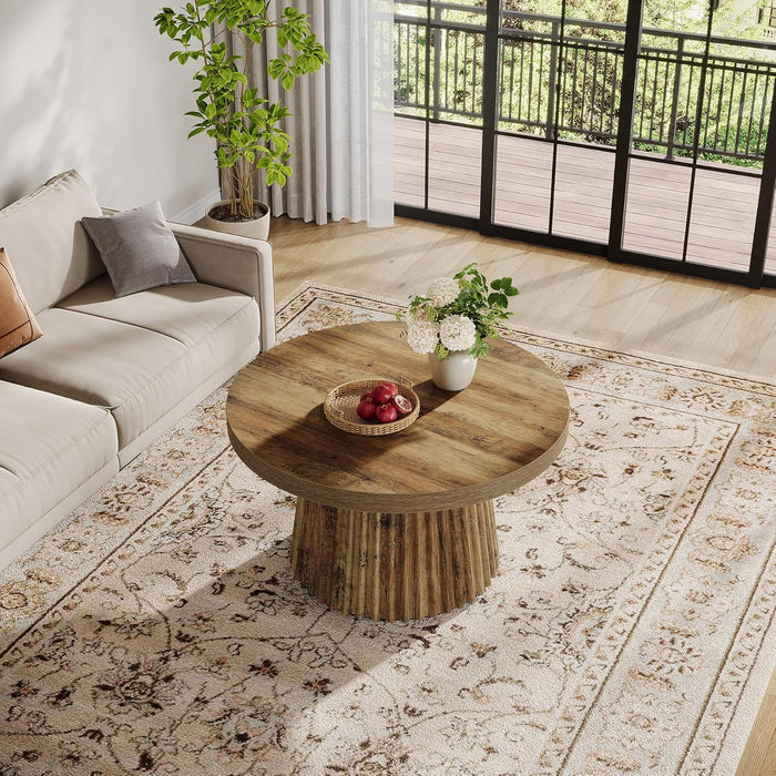 Coffee Table, 31.5" Small Farmhouse round Coffee Tables with Fluted Drum Base, Mid Century Modern Boho Accent Center Table for Living Room, Apartment, Small Space, Brown