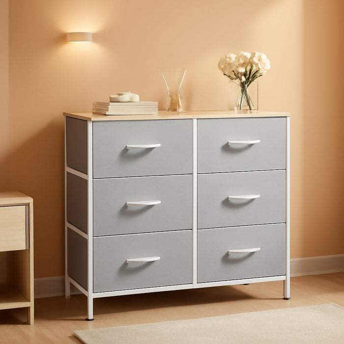 Fabric Dresser for Bedroom, 6 Drawer Double Dresser, Storage Tower with Fabric Bins, Chest of Drawers for Closet, Living Room, Hallway, Light Grey