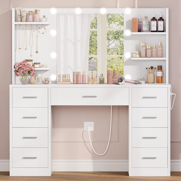 Vanity Desk with Mirror and Lights, Makeup Vanity with 9 Drawers, 4 Shelves & 5 Jewel Hooks, White Vanity with Outlet & 3-Color Dimmable LED, Dressing Table for Women, Bedroom, White