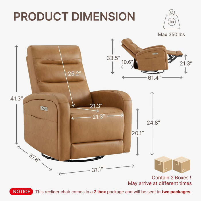 Power Swivel Recliner Chair, Faux Leather Recliner 270° Rotation Modern Nursery Glider, Ergonomic Armrest & Side Storage Pocket, Comfortable Armchair for Living Room Bedroom & Nursery