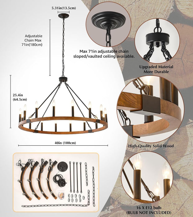 40 Inch Wagon Wheel Chandelier 16-Light Solid Wood Farmhouse Chandelier