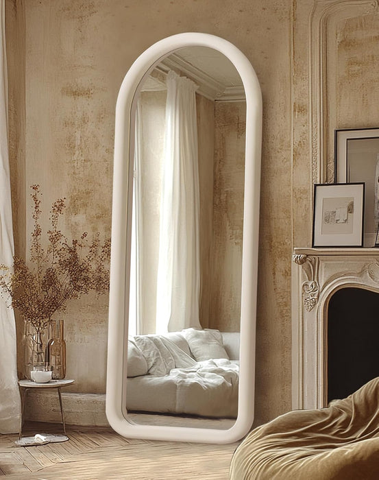 Arched Full Length Mirror, Free Standing Floor Velvet Finish Frame Mirror for Leaning or Hanging, Soft Touch Bedroom & Living Room Decor, Cream White
