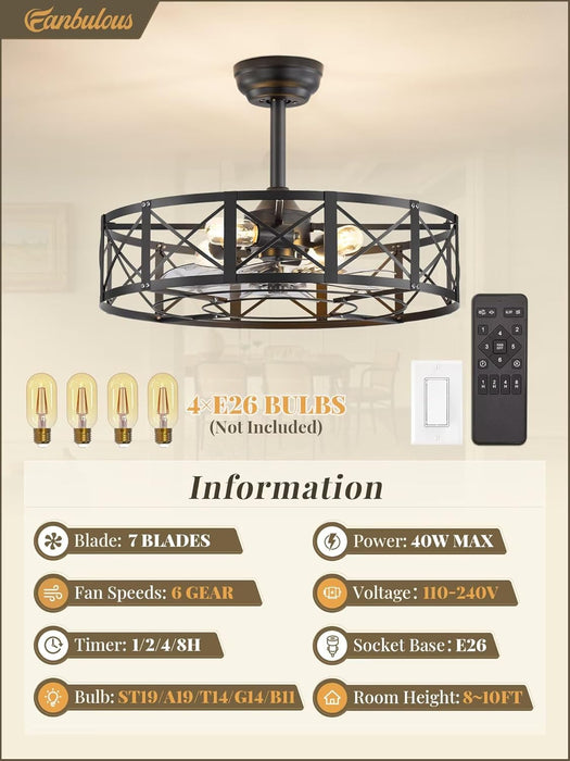 23 Inch Fandelier Caged Ceiling Fans with Lights and Remote, Black Bladeless Ceiling Fan with 6 Speeds and Timing, Farmhouse Samll Fan Lights Ceiling Fixtures for Kitchen, Bedroom-Black