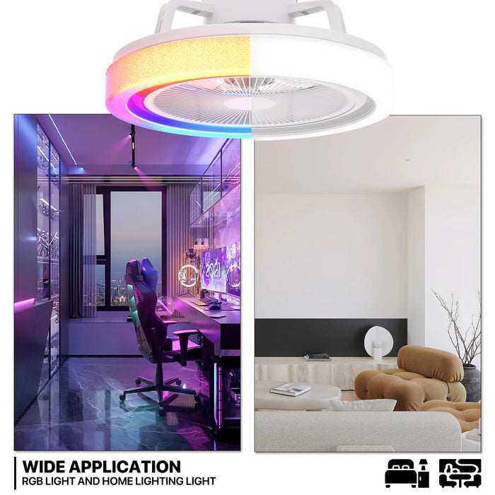 20" Ceiling Fan with Lights & Remote, RGB Dimmable LED Enclosed Ceiling Fans with Bluetooth Speaker, RGB 7 Colors LED Light, 6 Wind Speeds & App Timing Setting, White