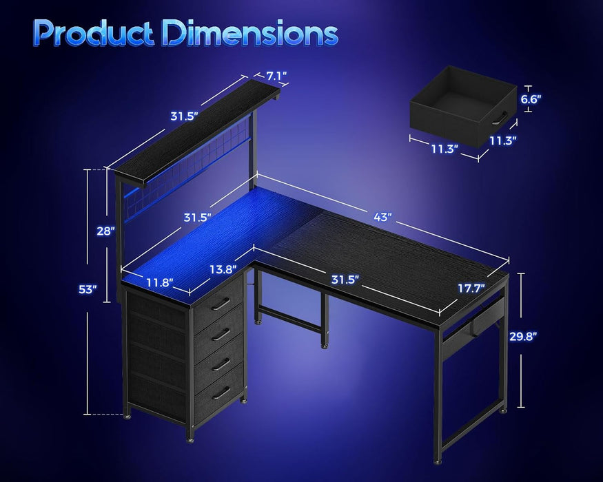 43” L Shaped Gaming Desk for Small Rooms, Compact Corner Computer Table with Shelf & Hutch, 4 Drawers, Reversible Study Desk with LED Light, Home Office Table, Black