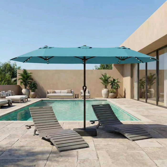 15FT Patio Umbrella with Solar Lights, Double-Sided Extra Large Outdoor Table Umbrella with Base Included, Heavy-Duty 12 Iron Ribs Market Umbrella for Garden, Pool, Backyard, Sky Blue