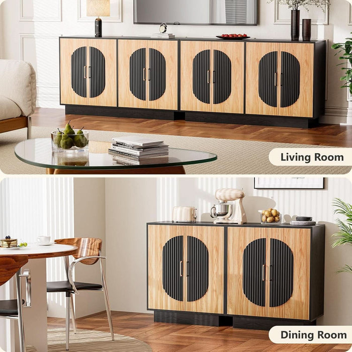 58" Fluted Modular Buffet Cabinet with Arched Doors & Gold Handles, Mid Century Modern Sideboard Credenza Storage with Adjustable Shelves, Wood Coffee Bar Console Table for Dining Living Room