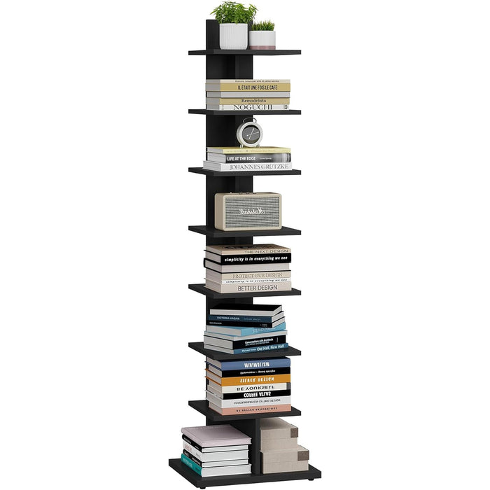 Vertical Bookshelf, 8-Tier Bookcase, Narrow Spine Book Shelf for Small Space, Corner Standing Shelf for Living Room, Office, Study, Entryway, Black BS06BK008