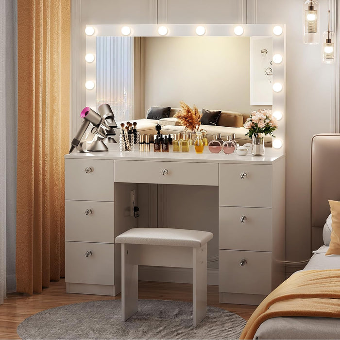 Vanity with Lighted Mirror - Makeup Vanity Desk with Power Outlet and 7 Drawers, 3 Color Lighting Modes Adjustable Brightness, 44" Vanity Table with Soft Cushioned Stool for Women Girls, White